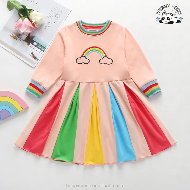 LEZONKIDS - Autumn Long Sleeved Rainbow Colorblock Embroidery Girls Party Dress for Kids Aged 2-14 Years